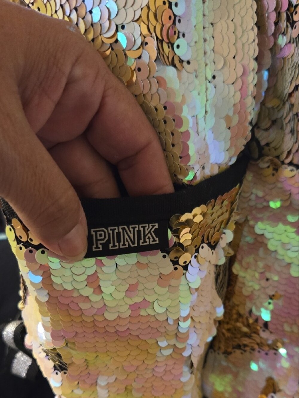 Victoria’s Secret PINK Flip Sequin Campus Backpack Gold Iridescent Black Logo - Picture 5 of 5